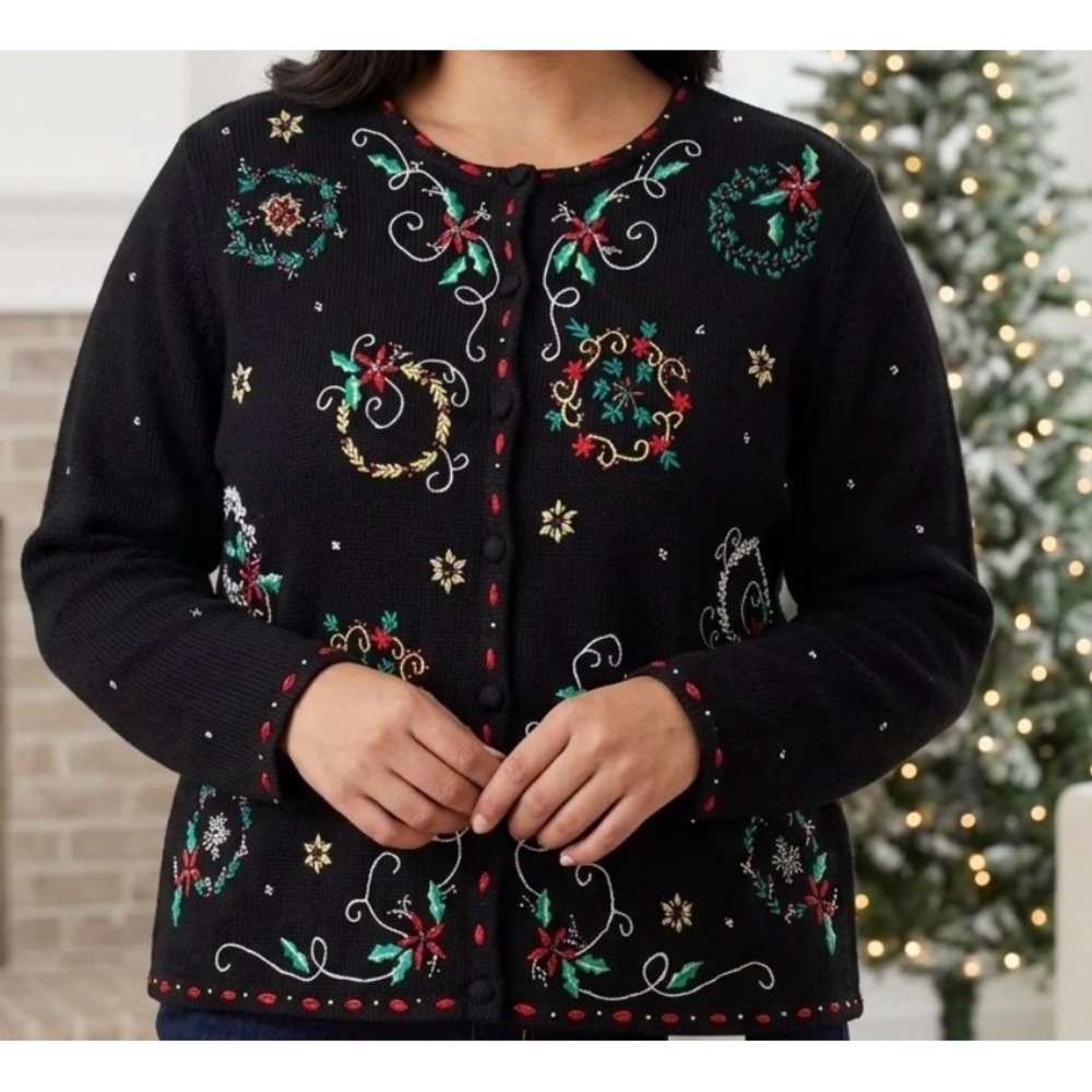 Vtg Designers Studio Originals Christmas Cardigan Sweater Large Wreath Beaded L